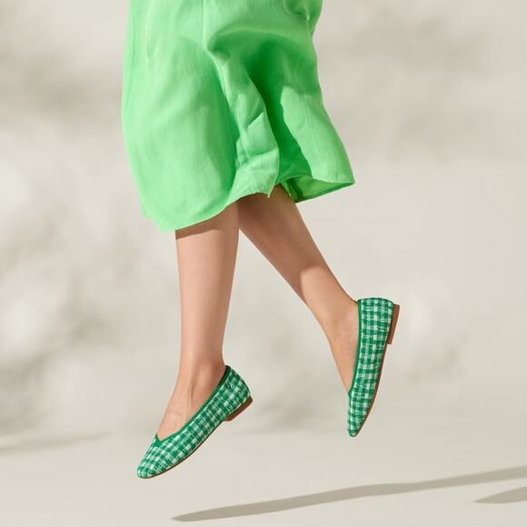 Vivaia Shoes - VIVAIA Square Toe V-Cut Knit Ballet Flats Green Gingham Women’s EU 39.5 US 8.5